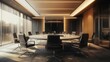 © jambulart - Modern office, large round table, sleek chairs, window view.