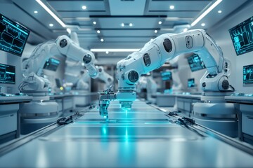 Poster - Robotic arms manufacturing microchips in modern factory with automation and artificial intelligence