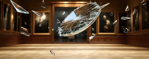 Poster - A shattered glass plate suspended in an art gallery, symbolizing disruption in culture.