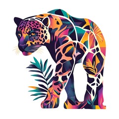 Wall Mural - Colorful jaguar illustration with tropical elements.