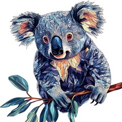 Wall Mural - Colorful geometric koala illustration on a branch.