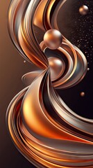 Wall Mural - Abstract design featuring swirling metallic shapes and spheres in warm tones.