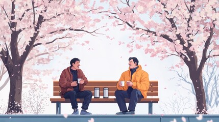 Wall Mural - A man with Parkinson’s disease laughing with a friend on a bench cherry blossoms in full bloom surrounding them in a soft spring light