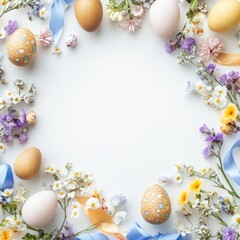 Wall Mural - Easter eggs and spring flowers arranged in a circle on white background, leaving a central space for text or logo.