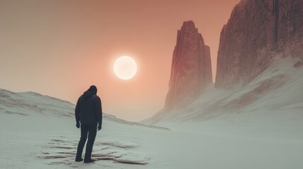 Sticker - Solitary figure stands in a desolate, snowy landscape, facing majestic, towering mountains under a large, bright sun.