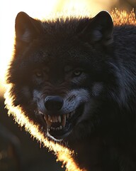 Wall Mural - A menacing wolf with bared teeth illuminated by sunlight.