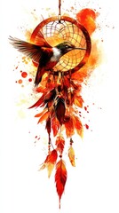 Poster - A vibrant dreamcatcher with a bird, featuring warm colors and feather accents.