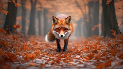 Wall Mural - A fox walking through a forest covered in autumn leaves.