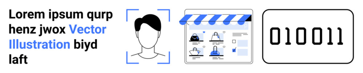 Digital face scan with text, online store webpage with avatars, binary code sequence. Ideal for digital identity, online shopping, web development, technology, AI coding data visualization. Landing