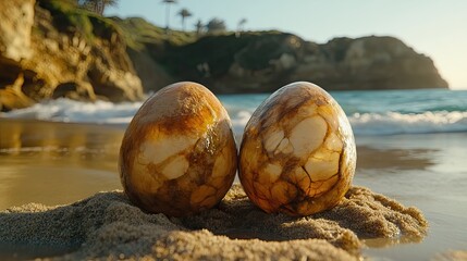 Wall Mural - Two large, polished eggs resting on sandy beach with ocean waves in the background.