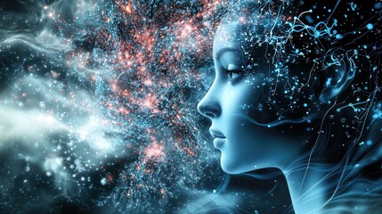 Aufkleber - Futuristic digital illustration depicting the concept of artificial intelligence with neural networks and data flow, emphasizing technological innovation and brain activi