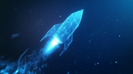 Wall Mural - a blue rocket soaring into the vast expanse of space, a polygon mesh with connecting dots and lines 