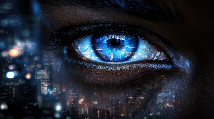 Aufkleber - A striking close-up of a persons face showcasing luminous blue eyes reflecting a bustling cityscape, symbolizing a blend of beauty and urban life in an artistic vision.