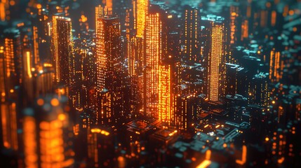 Aufkleber - A stunning high-tech cityscape at night illuminated by vibrant lights, featuring a digital binary code overlay that symbolizes the flow of data and connectivity in modern