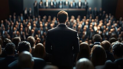 Aufkleber - A large audience gathers at a business conference featuring prominent speakers on stage, creating an engaging atmosphere perfect for professional exchange and networking