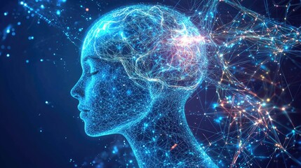 Aufkleber - Futuristic digital illustration depicting the concept of artificial intelligence with neural networks and data flow, emphasizing technological innovation and brain activi