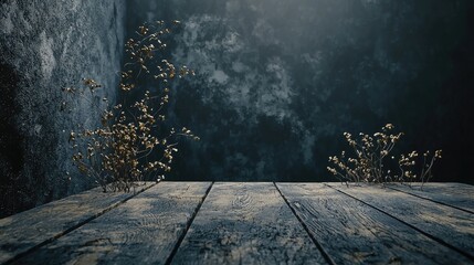 Poster - A dramatic dark textured background paired with a rustic wooden floor, perfect for photography or design projects requiring an elegant and minimalist aesthetic.