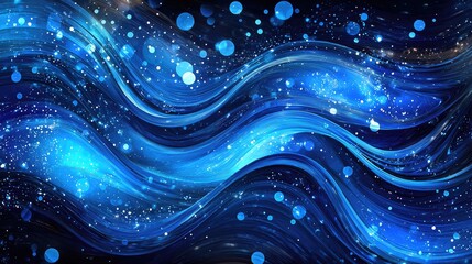 Aufkleber - Abstract digital artwork featuring flowing blue waves and sparkling dots against a dark background, perfect for technology themes and modern design projects.