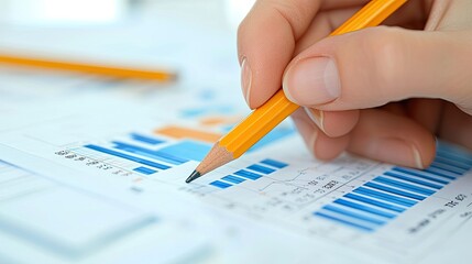 Poster - A business analyst focuses on data charts using a pencil in a modern office, surrounded by digital graphics and visual information, symbolizing analysis and strategy.