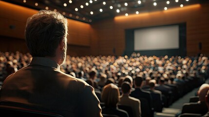 Aufkleber - A captivated audience attending a professional presentation inside a spacious conference hall, highlighting the engagement and connection between speakers and attendees.