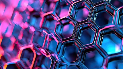 Leinwandbilder - This visually striking abstract design features interconnected hexagons and nodes in blue and pink hues, ideal for themes of technology, innovation, and scientific explor