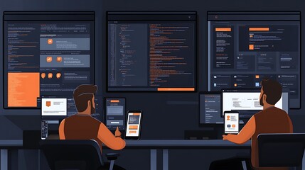 Developers in a creative studio, discussing app features, monitors displaying code snippets and UI designs, mobile devices running the latest app build.