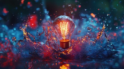 Wall Mural - A striking image featuring a glowing light bulb amidst colorful water explosions, creating a vibrant visual concept symbolizing creativity and innovation in a dark settin