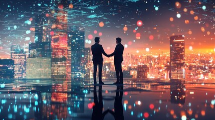 Aufkleber - A dynamic image illustrating two business professionals shaking hands with a vibrant city skyline overlay, representing partnership and collaboration in a modern corporat