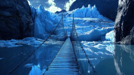 Sticker - Stunning glacial landscape featuring a wooden suspension bridge spanning a turquoise glacial lake. Majestic ice formations and rugged mountains create a dramatic scene.