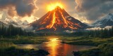 Erupting volcano illuminating river flowing through green valley at sunset