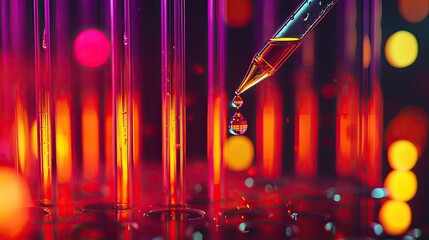 Leinwandbilder - A colorful display of laboratory test tubes with a pipette dropping liquid showcases scientific research in action, highlighting vibrant colors and precision techniques i