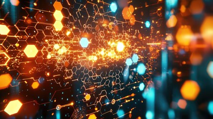 Aufkleber - A stunning visual representation of Earth showcasing a digital network with hexagonal patterns and vibrant city lights at night, symbolizing technology and connectivity i