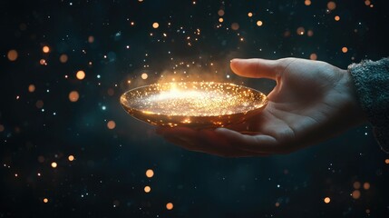 Aufkleber - A hand gracefully holds a plate glowing with stars and light, set against a dark space backdrop, symbolizing the connection between humanity and the cosmos.