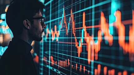 Poster - A professional engages with a futuristic data analytics interface, depicting growth and financial success in a modern business setting, ideal for showcasing innovation an