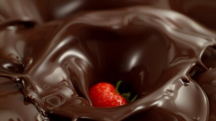 Poster - Super Slow Motion of Falling Strawberry into Melted Chocolate. Filmed on High Speed Cinema Camera, 1000fps.