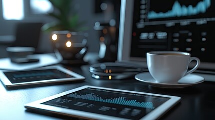 Poster - A professional workspace showcasing a business meeting with financial charts, tablet devices, and a coffee cup, emphasizing effective decision making and collaboration.