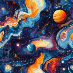 Wall Mural - abstract seamless pattern with a colorful, swirling galaxy and a space background with stars and pla