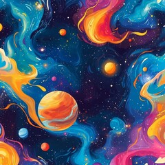 Wall Mural - abstract seamless pattern with a colorful, swirling galaxy and a space background with stars and pla