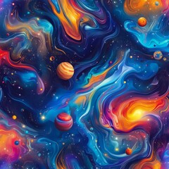 Wall Mural - abstract seamless pattern with a colorful, swirling galaxy and a space background with stars and pla