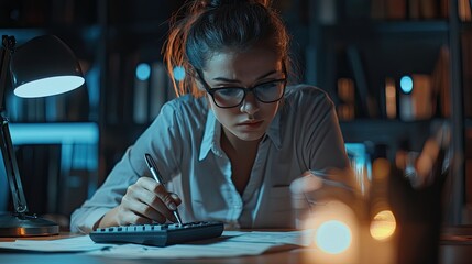 Aufkleber - A focused businesswoman reviews financial data in a modern office setting, using a calculator and notepad to strategize on growth and productivity for her project.