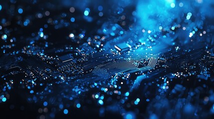 Fototapete - This image portrays a detailed close-up of an electronic circuit board with microchips and reflective blue light, showcasing advanced technology and intricate design.