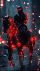 Poster - A futuristic rider in a dark, neon-lit environment on a horse adorned with glowing patterns.