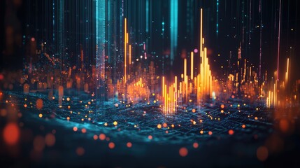 Poster - This illustration showcases a dynamic stock market graph featuring colorful candlestick patterns, analytical indicators, and stunning visual effects on a dark backdrop.
