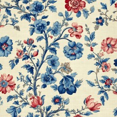 Rococo-style linen textile pattern with ornate floral motifs, featuring dark blue and red flowers on a beige background