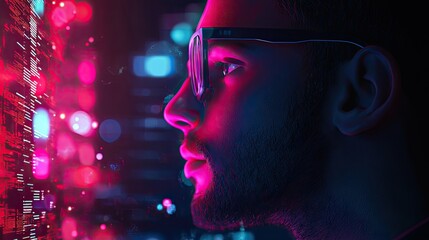 Leinwandbilder - A striking profile image of a man with glasses, featuring a vibrant cityscape and digital data overlay, symbolizing modern technology and innovative thinking.