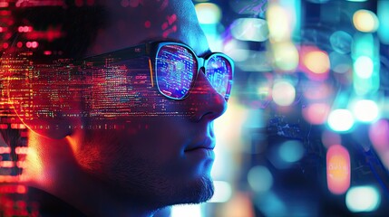 Leinwandbilder - A striking profile image of a man with glasses, featuring a vibrant cityscape and digital data overlay, symbolizing modern technology and innovative thinking.