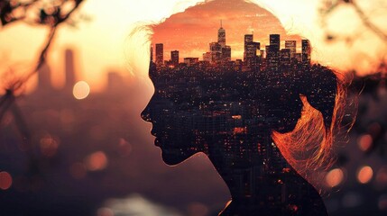 Aufkleber - A stunning double exposure artwork featuring a woman s silhouette merging with an urban skyline at sunset, capturing the beauty of nature and city life in perfect harmony