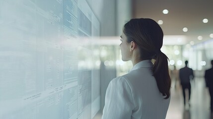 Aufkleber - A business professional engages with digital data display, analyzing trends and metrics to inform strategic decisions in a contemporary office setting.