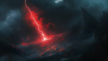 Wall Mural - dramatic red lightning bolt during a thunderstorm illuminating the dark landscape -
