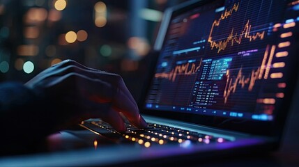 Poster - A business professional analyzes financial data on a laptop. Digital graphs and charts illustrate market trends and growth opportunities, showcasing modern technology in